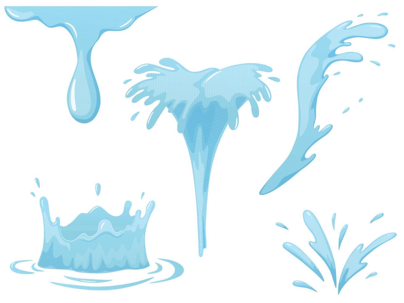 Water splash and spray. Aqua. Blue waves. Cartoon tears. Isolated raindrop or sweat, wet droplets of dew shapes. vector