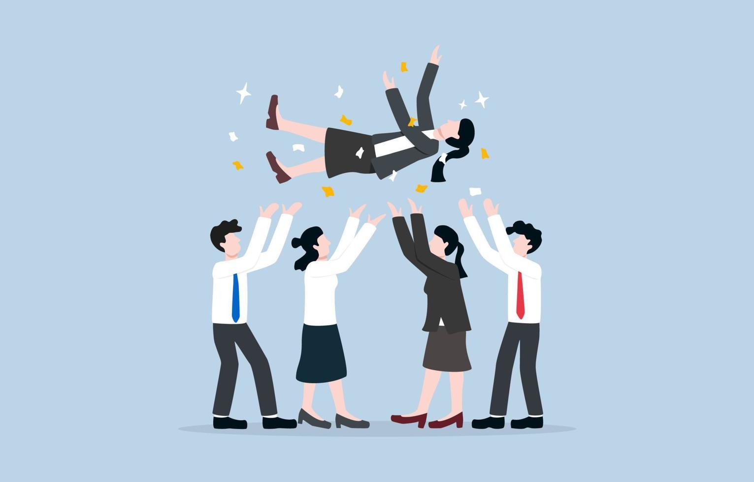 Female leadership, celebration for boss after leading team to achieve target or win project competition concept. Smart lady boss being thrown into the air by their staffs for team success. vector