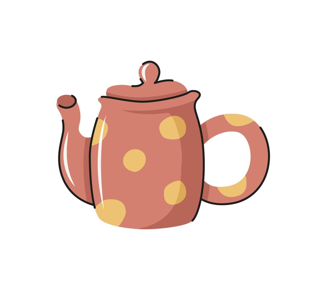 Ceramic vector teapot. Hand drawn kettle with decorative elements.  Cartoon dishware, kitchen utensil, tool for teatime.