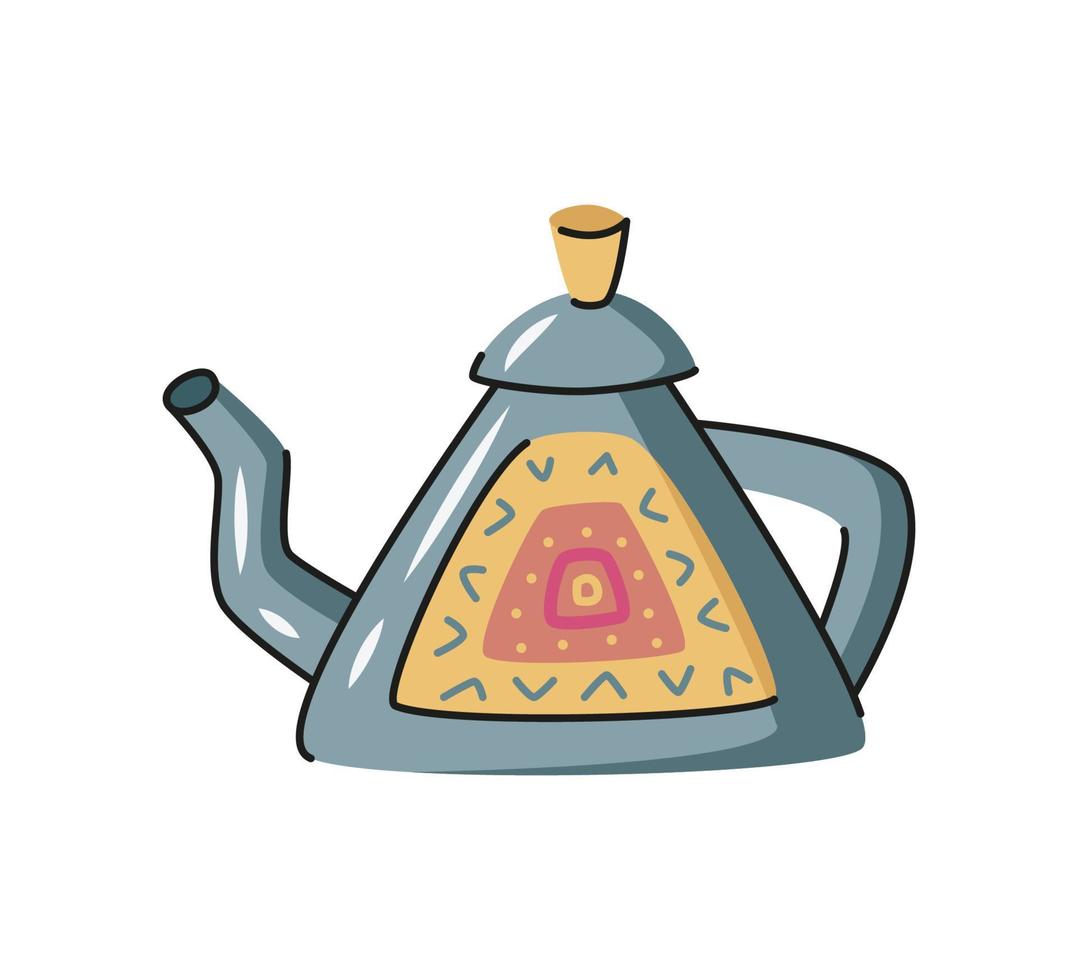 tetera vectorial de cerámica. tetera dibujada a mano con elementos decorativos. vajilla de dibujos animados, utensilio de cocina, herramienta para la hora del té. vector