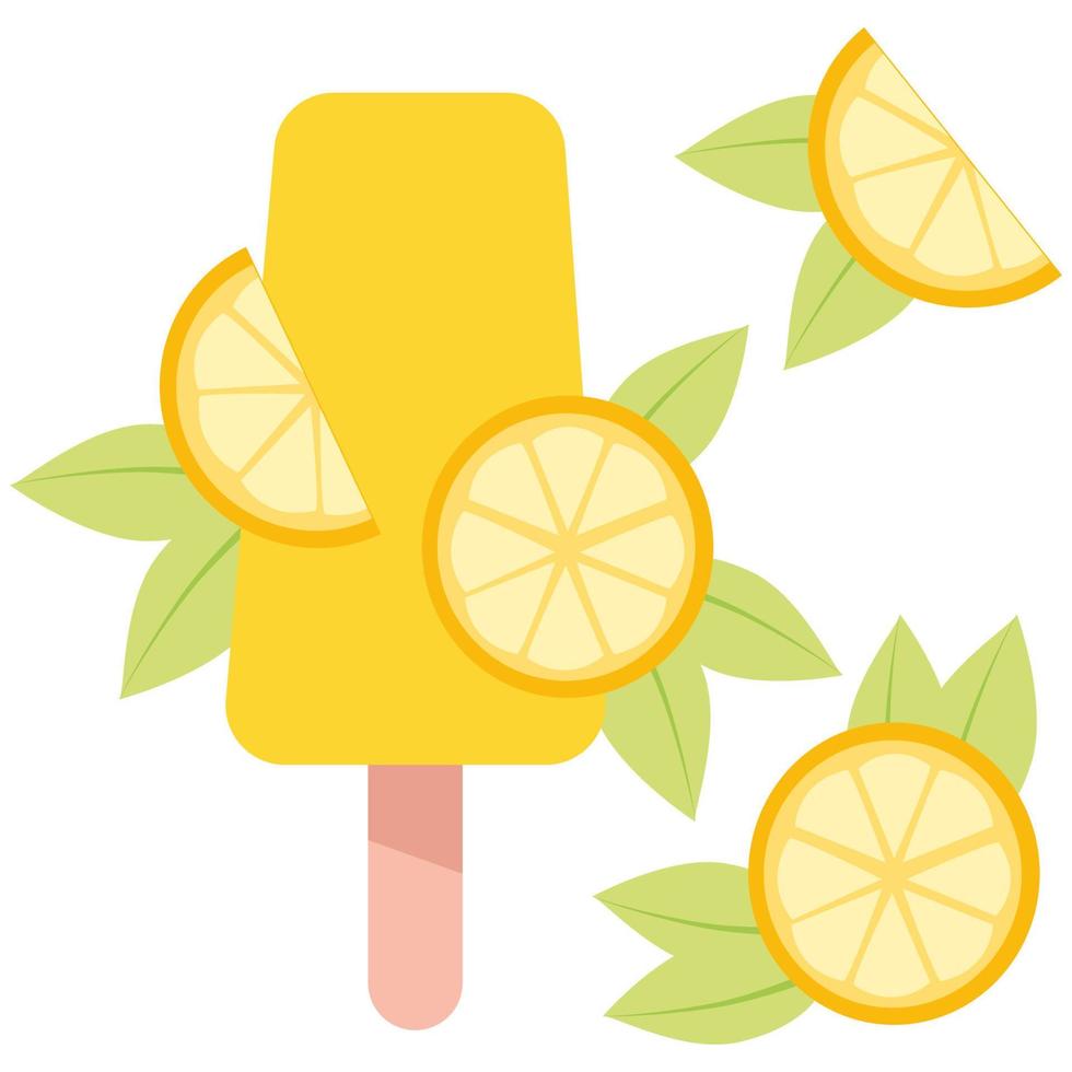 Set of yellow ice cream with lemon slice and green leaves vector