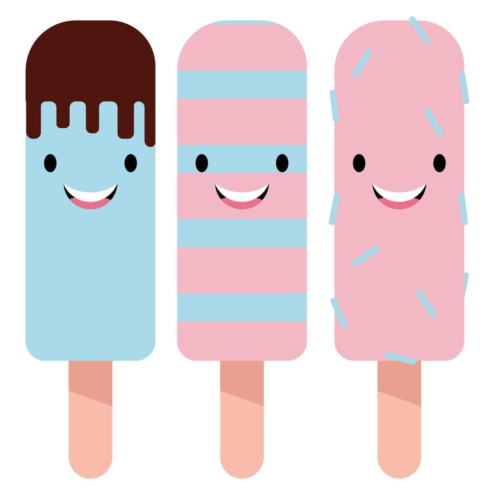 juego de tres helados sonrientes azules y rosas vector