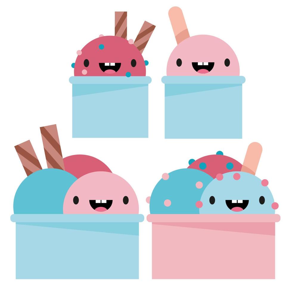 A set of pink and blue ice cream in a cup with a smile and a waffle stick vector