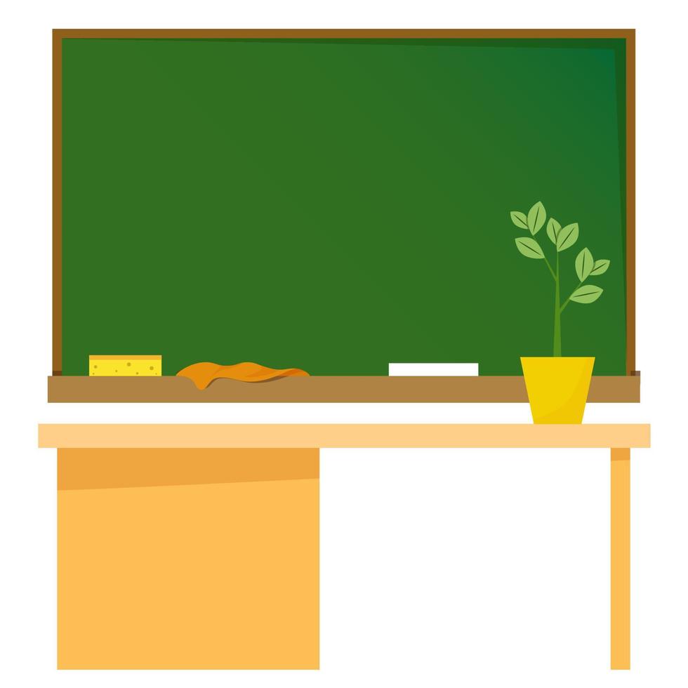 tablero verde de la escuela con tiza y reglas y mesa al frente vector