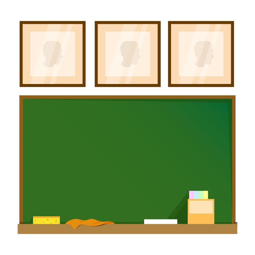 School green board with chalk and rulers and portraits from above vector