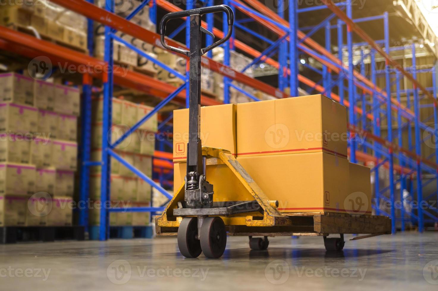 Inventory full of shelves in modern warehouse storage of retail shop. photo