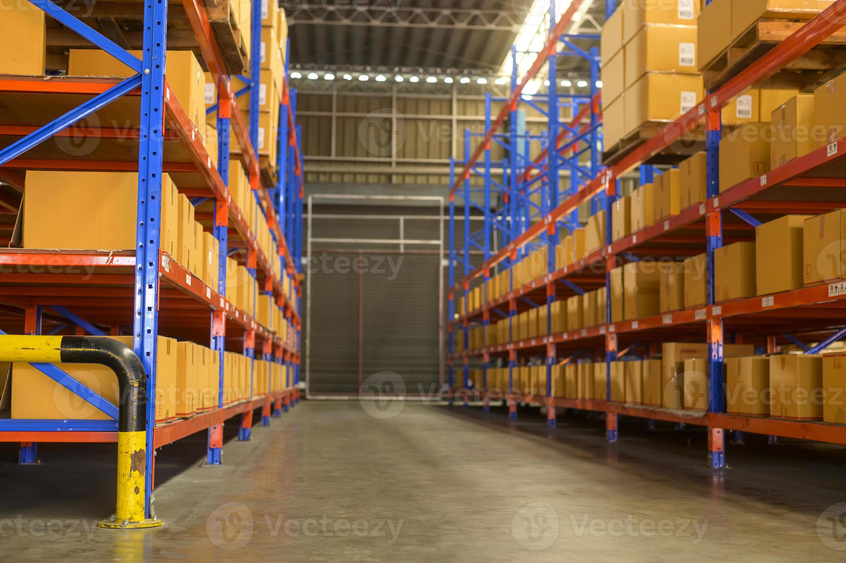 Inventory full of shelves in modern warehouse storage of retail shop