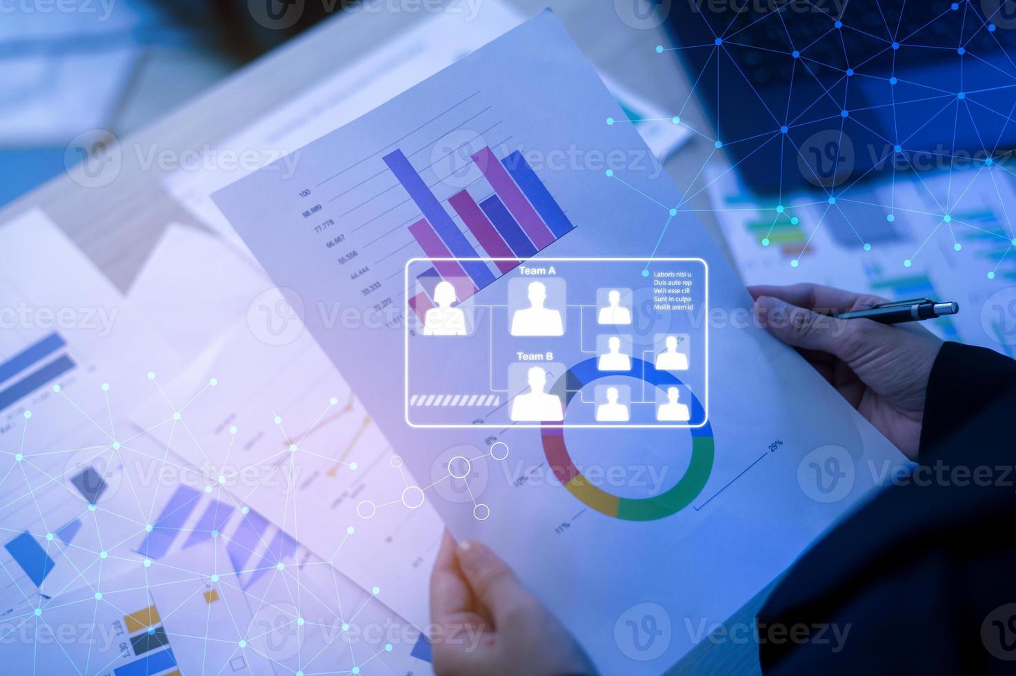 Background of documents with analytics data lying on table photo