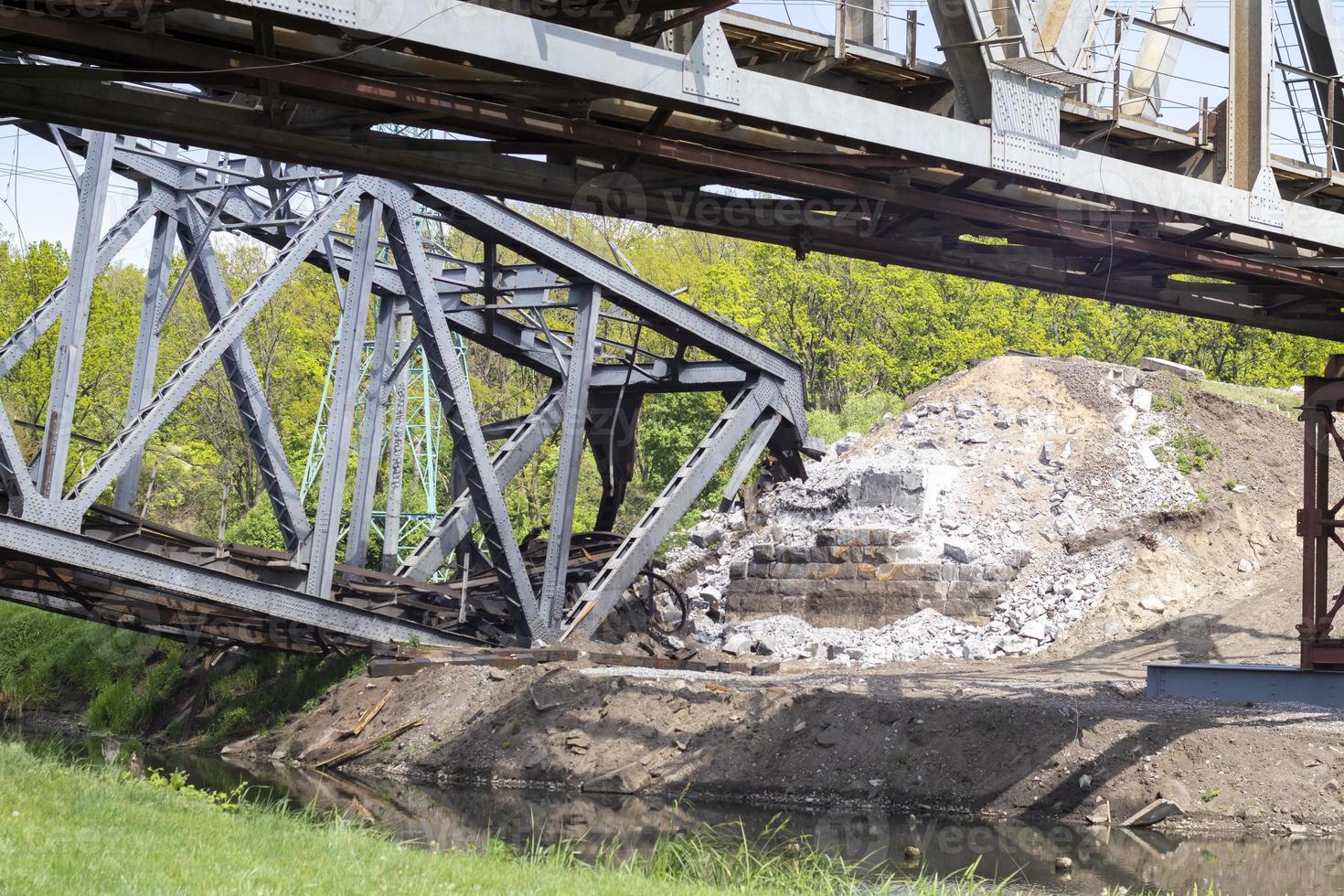 The blown up railway bridge over the Irpen River. War in Ukraine. Panorama. The city of Irpin in the Kyiv region photo