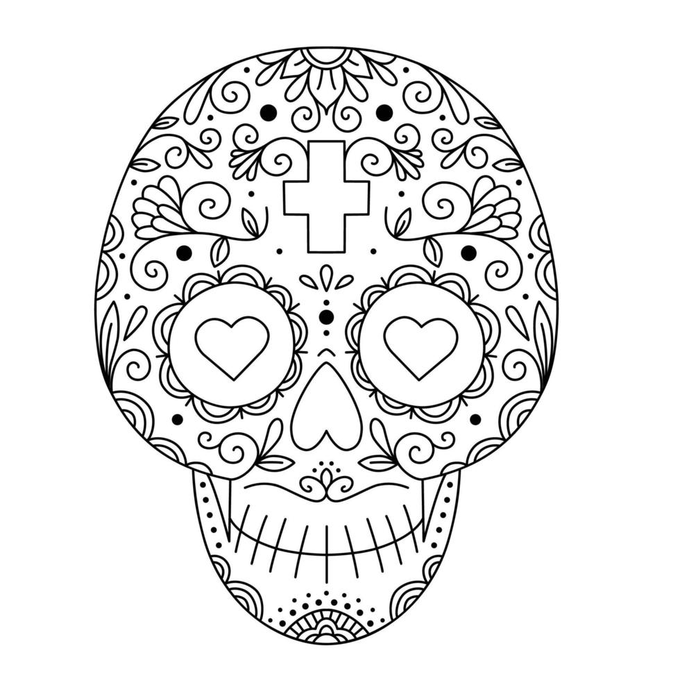 ilustración vectorial de calavera mexicana con adornos y flores. cráneo del azúcar. el día de los Muertos. tatuaje. vector