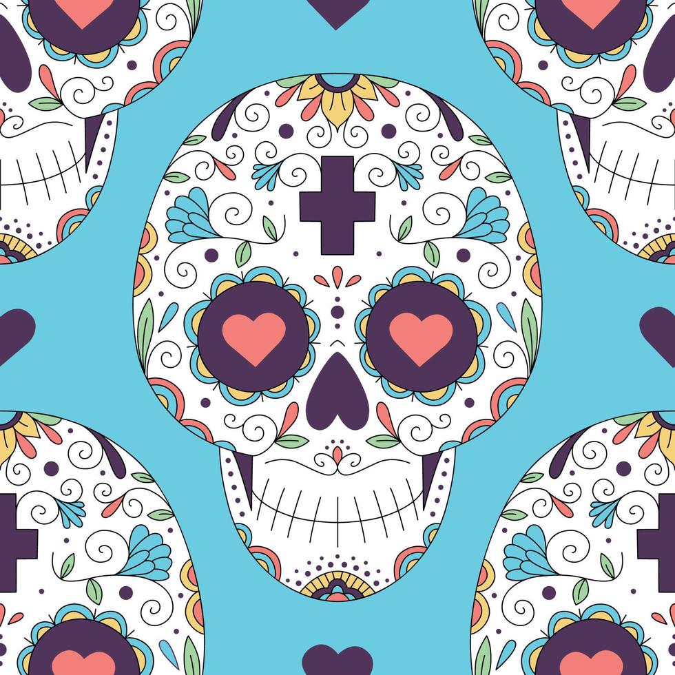 Vector illustration, seamless pattern and flowers with skulls for the day of the dead. Sugar skull. Psychedelic colors. Hippie.