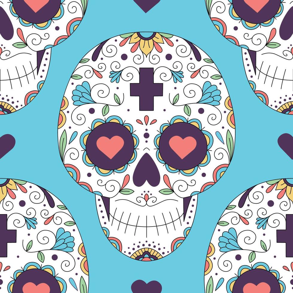 Vector illustration, seamless pattern and flowers with skulls for the day of the dead. Sugar skull. Psychedelic colors. Hippie.