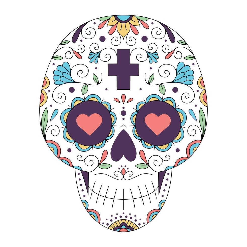 ilustración vectorial de calavera mexicana con adornos y flores. cráneo del azúcar. el día de los Muertos. tatuaje. colores psicodélicos. vector