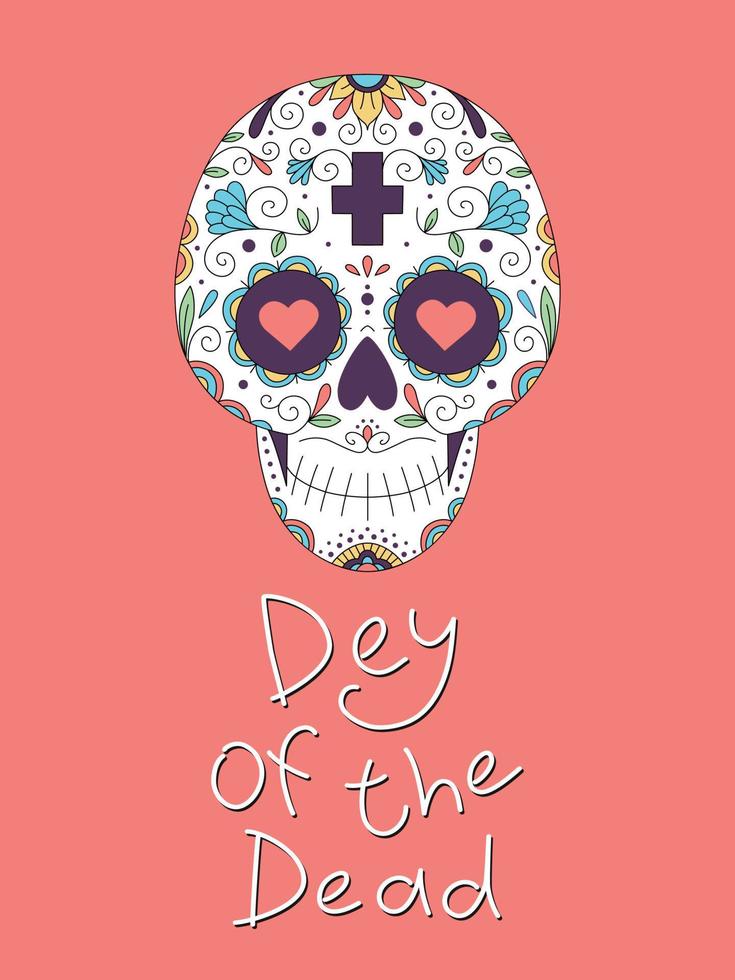 ilustración vectorial pancarta con calavera mexicana, adornos y flores. cráneo del azúcar. Letras para el día de los muertos. póster. tarjeta. vector