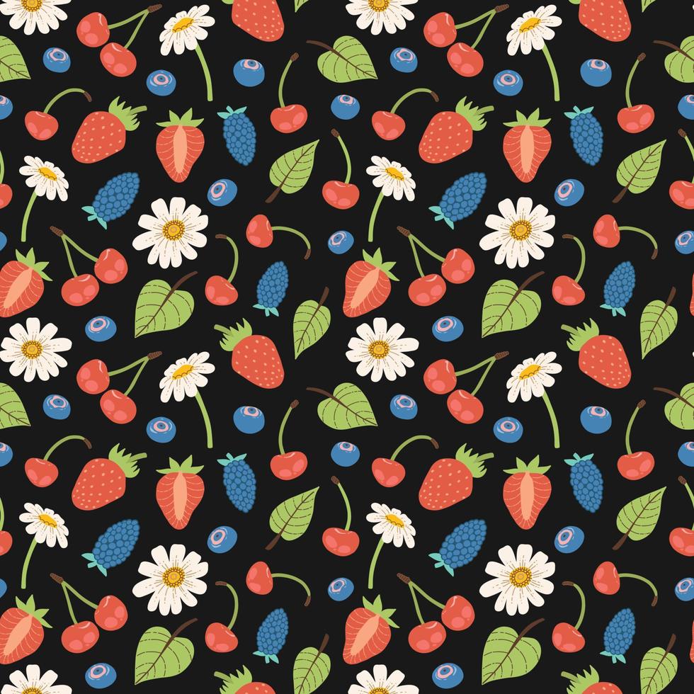 Vector seamless pattern with berries, leaves and flowers.