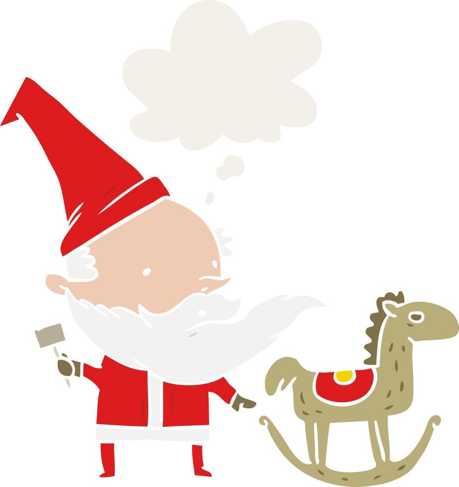 cartoon santa making toy and thought bubble in retro style vector