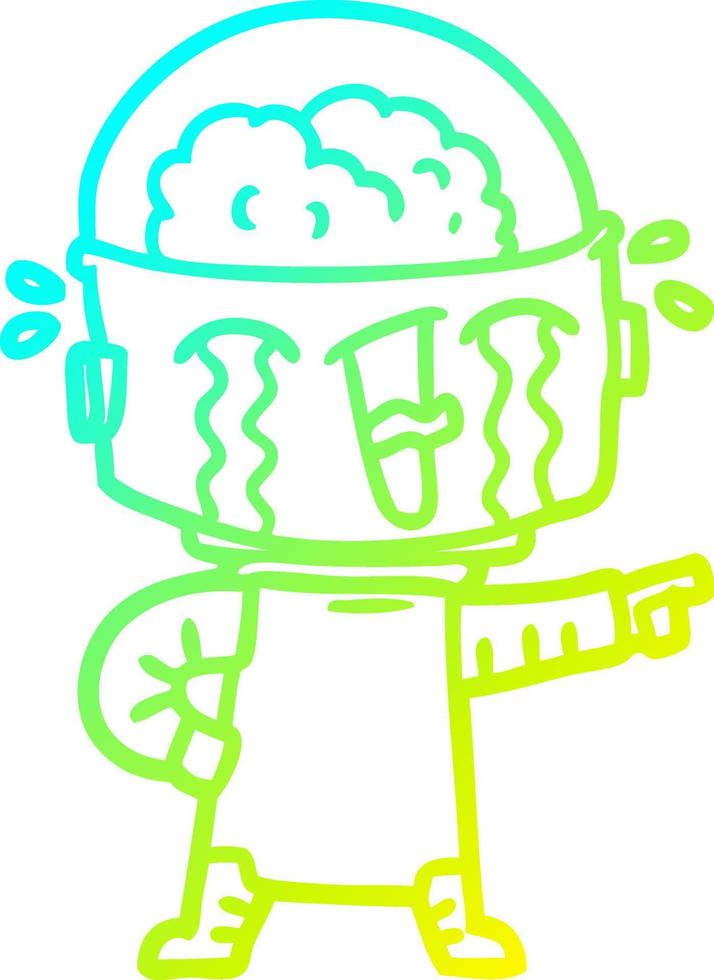 cold gradient line drawing cartoon crying robot pointing vector