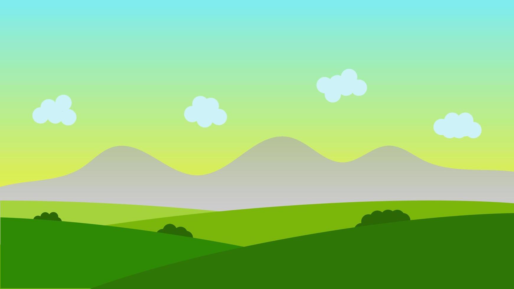 landscape cartoon scene with green trees on hills and white fluffy cloud in summer blue sky background vector