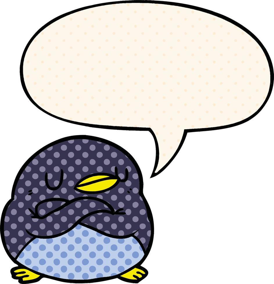 cartoon penguin and crossed arms and speech bubble in comic book style vector