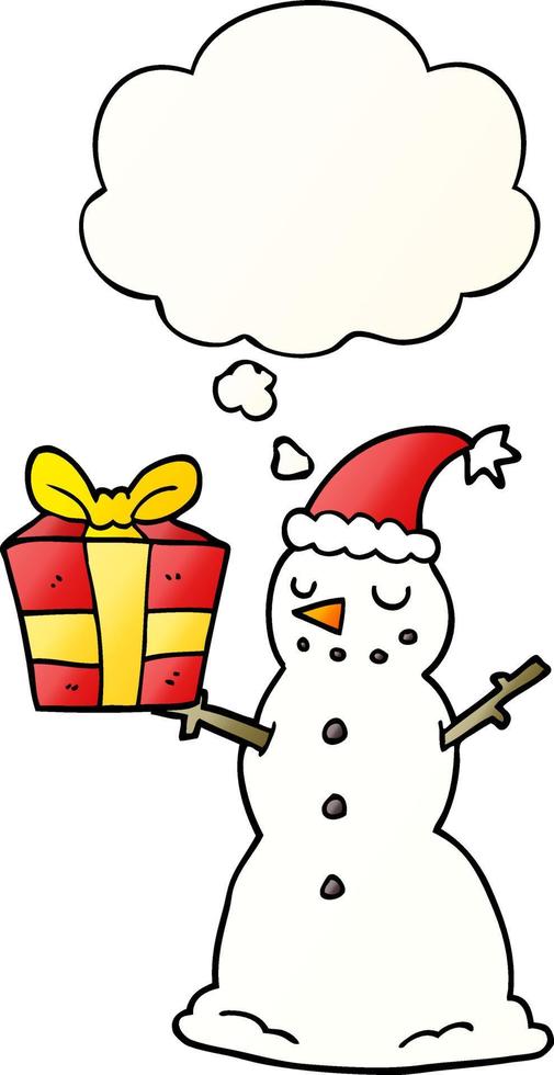 cartoon snowman with present and thought bubble in smooth gradient style vector