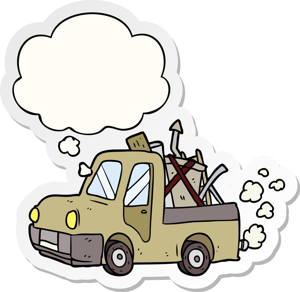 caricatura, viejo, camión, y, pensamiento, burbuja, como, un, pegatina impresa vector