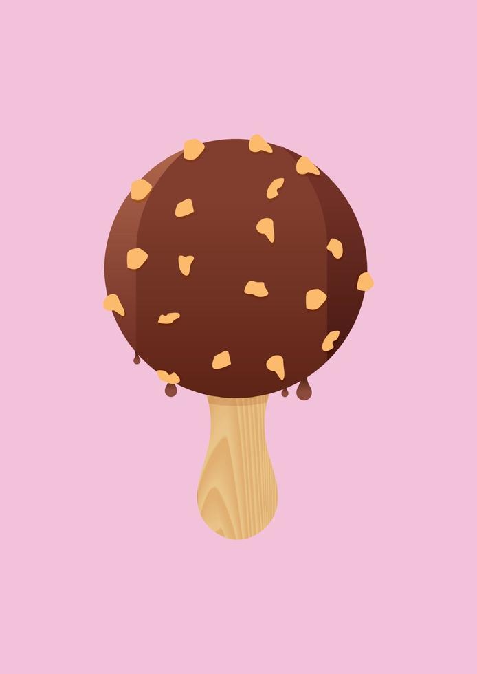 Round Chocolate Ice Cream With Nuts Vector Illustration Isolated on Pink Background