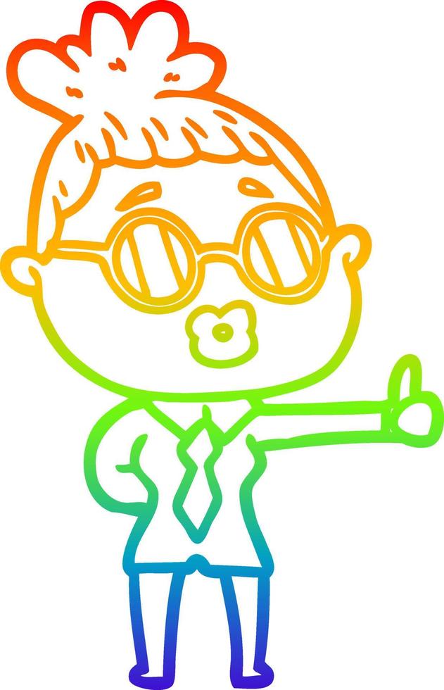 rainbow gradient line drawing cartoon woman wearing spectacles vector