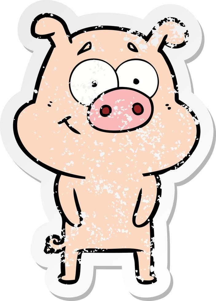 distressed sticker of a happy cartoon pig vector