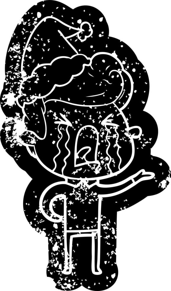 cartoon distressed icon of a crying man wearing santa hat vector