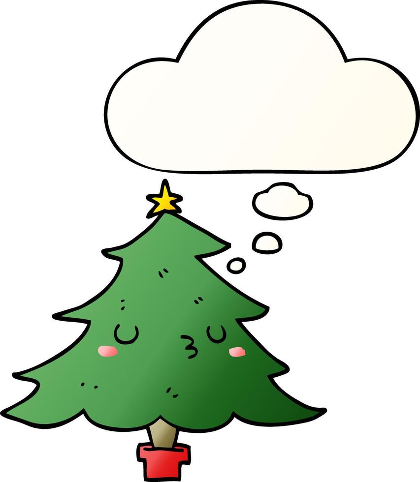 lindo árbol de navidad de dibujos animados y burbuja de pensamiento en estilo degradado suave vector