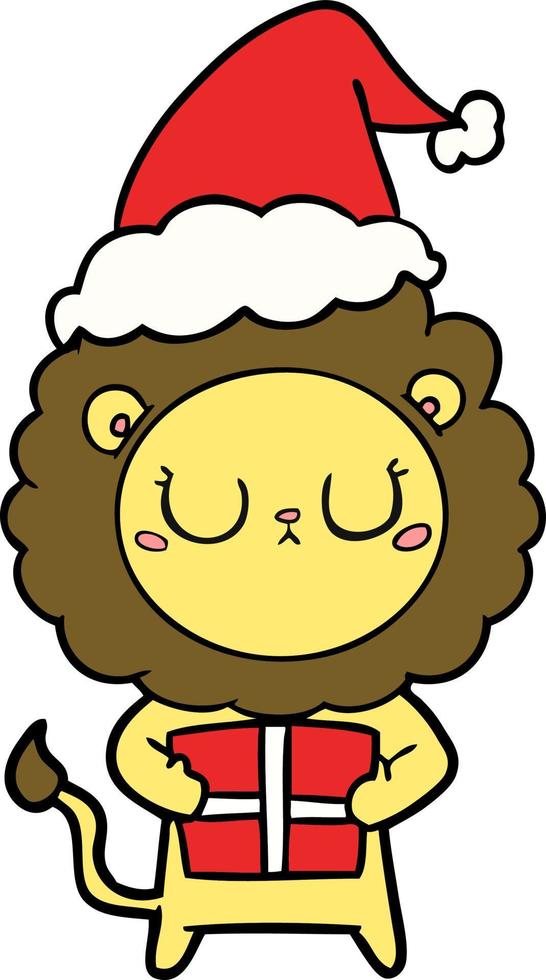 line drawing of a lion with christmas present wearing santa hat vector