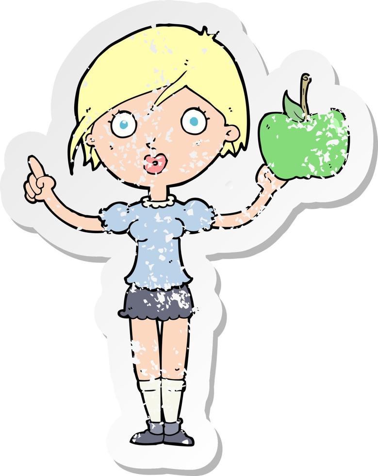retro distressed sticker of a cartoon woman talking about health food vector