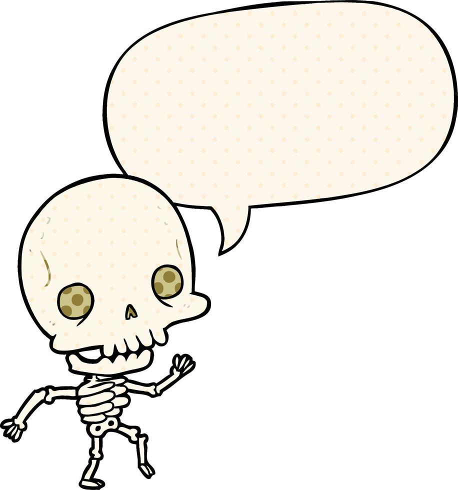 cute cartoon dancing skeleton and speech bubble in comic book style vector