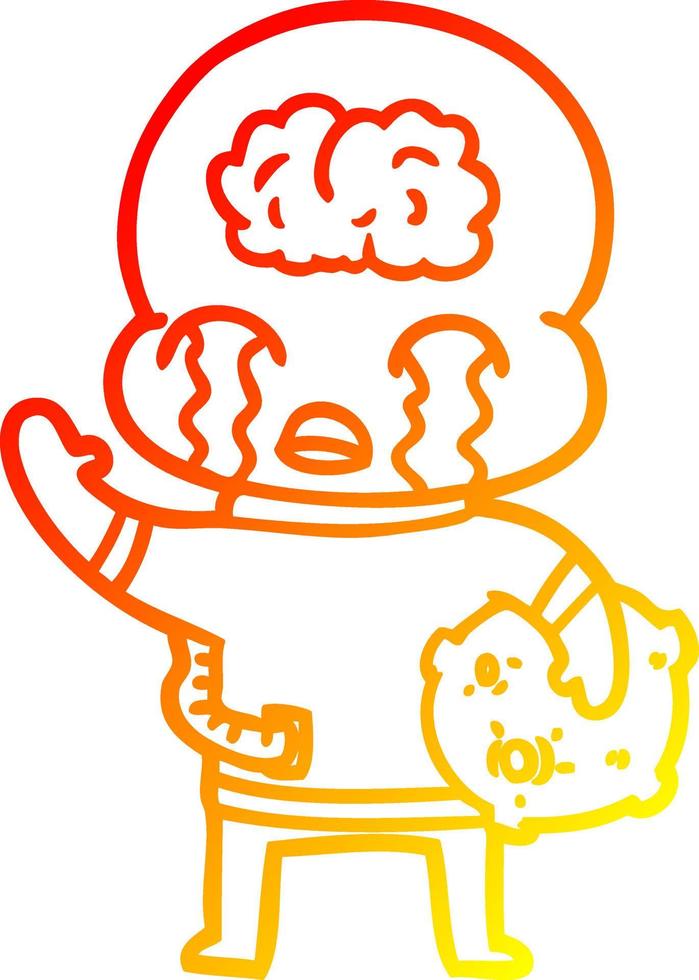 warm gradient line drawing cartoon big brain alien crying and waving goodbye vector