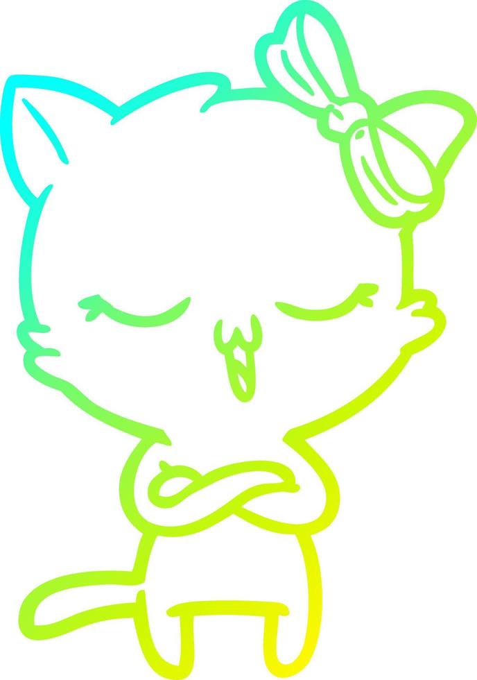 cold gradient line drawing cartoon cat with bow on head vector