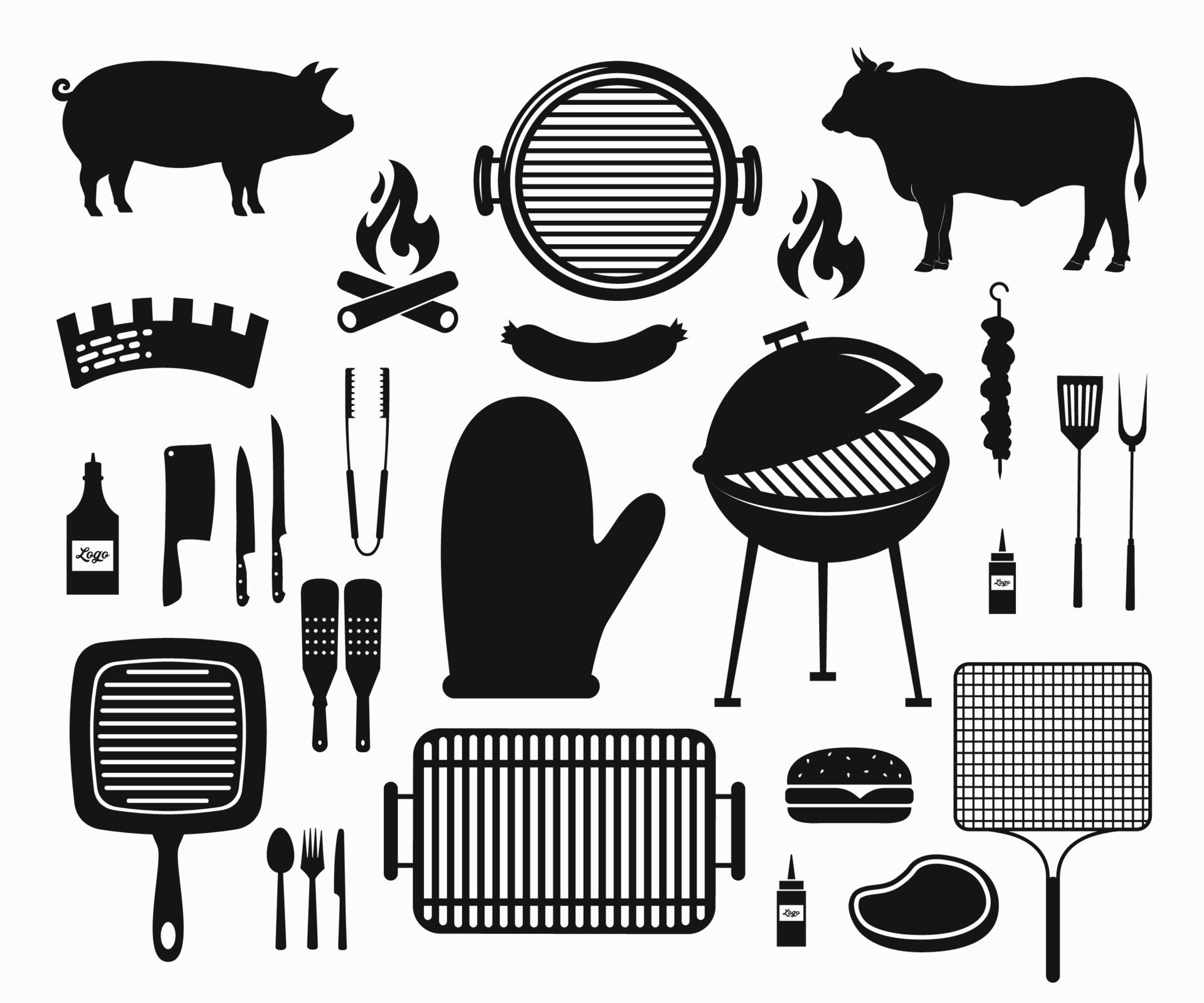 Barbecue BBQ Grill Silhouette Set Vector. Grill BBQ Party Set Icon