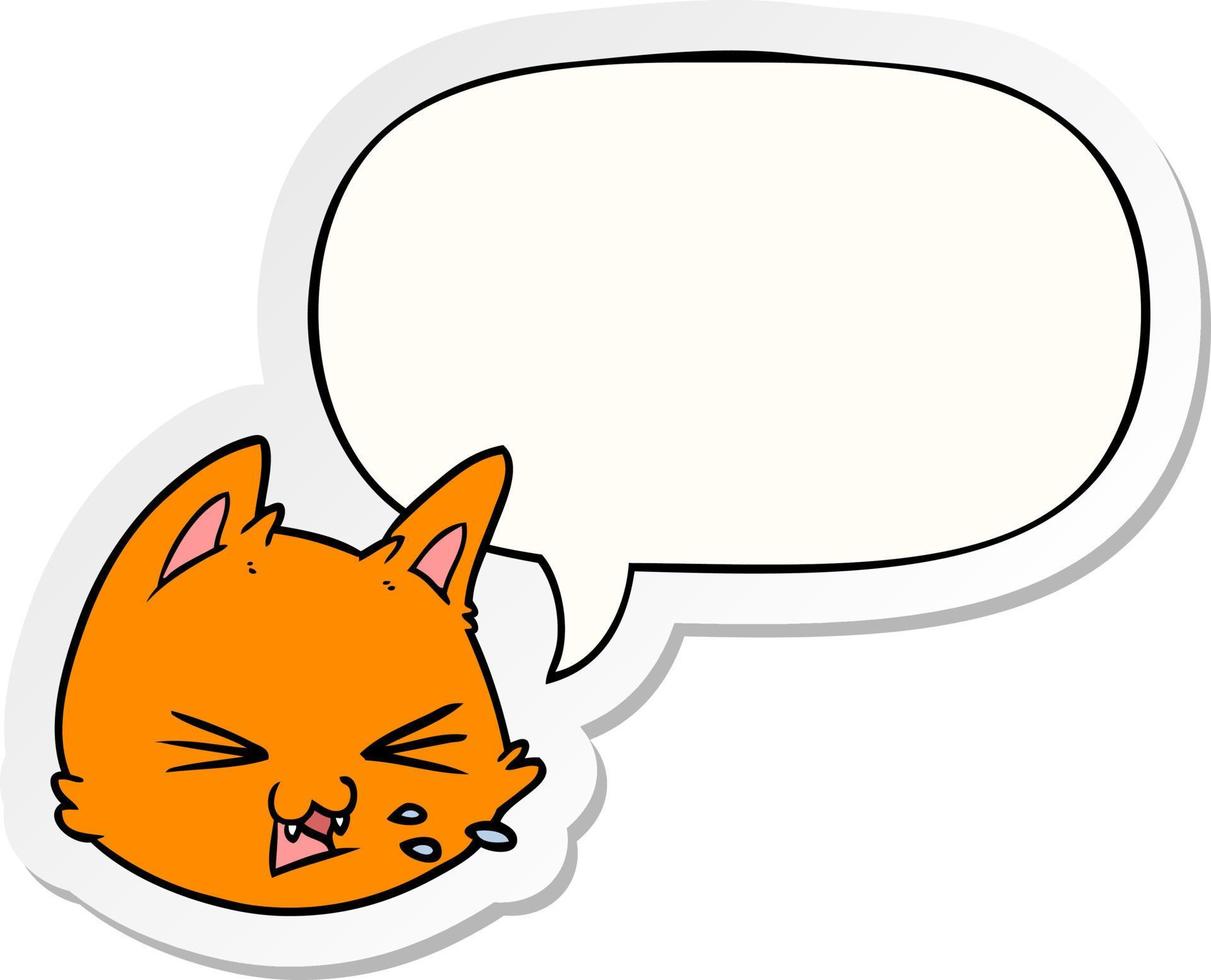 spitting cartoon cat face and speech bubble sticker vector