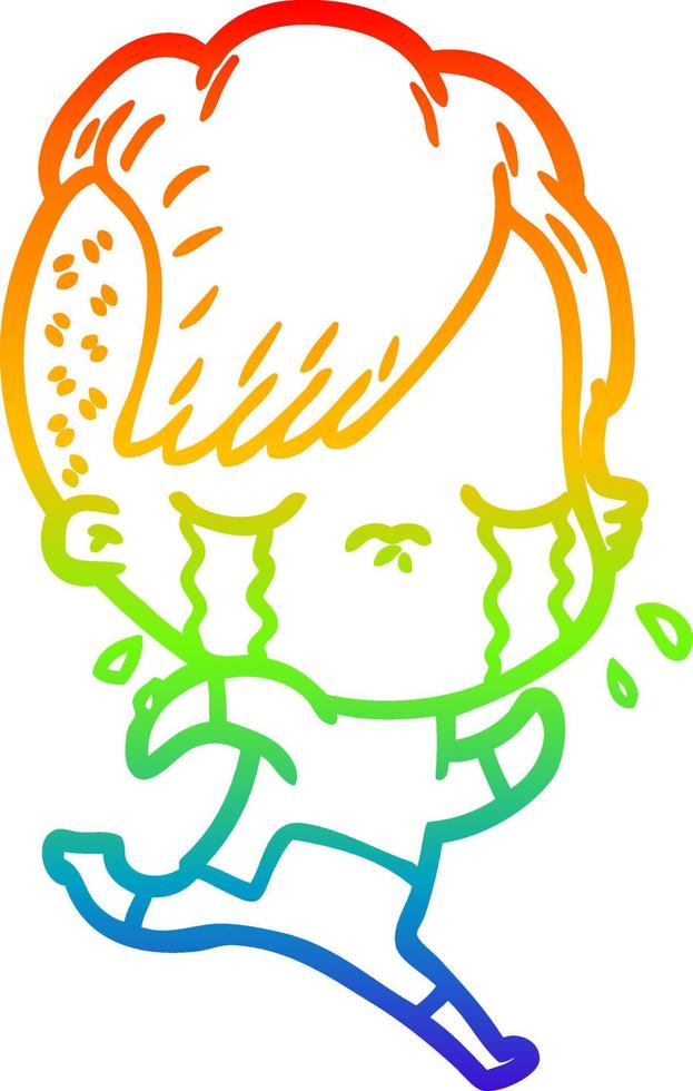 rainbow gradient line drawing cartoon crying girl wearing space clothes vector