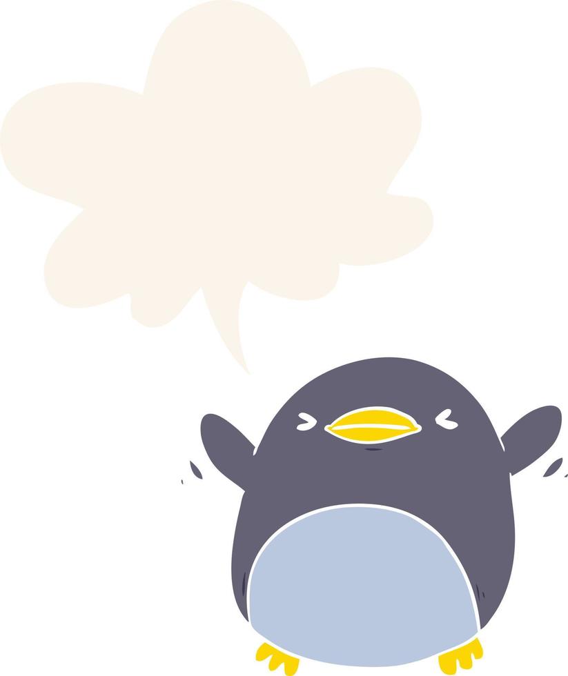 cute cartoon penguin flapping wings and speech bubble in retro style vector