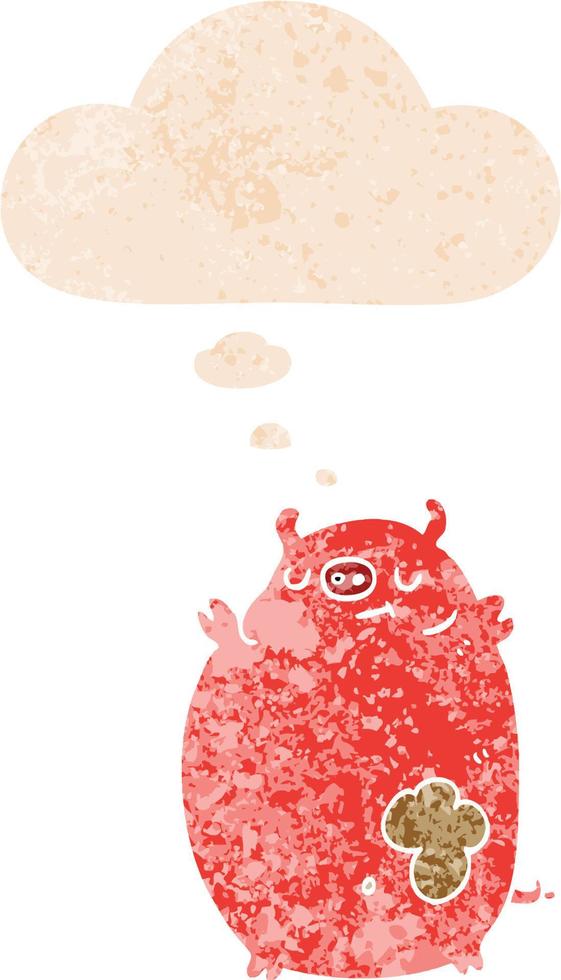 cartoon fat pig and thought bubble in retro textured style vector