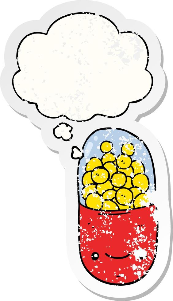 cartoon pill and thought bubble as a distressed worn sticker vector