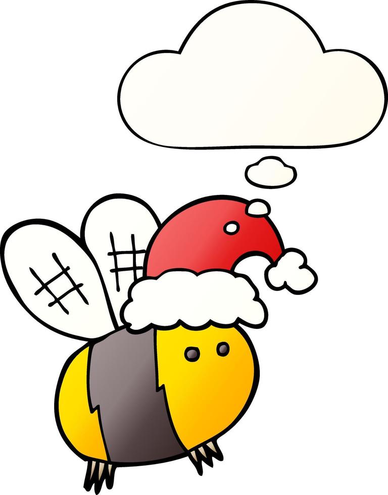 linda abeja de dibujos animados con sombrero de navidad y burbuja de pensamiento en un estilo de gradiente suave vector