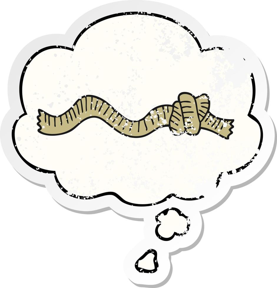 cartoon knotted rope and thought bubble as a distressed worn sticker vector
