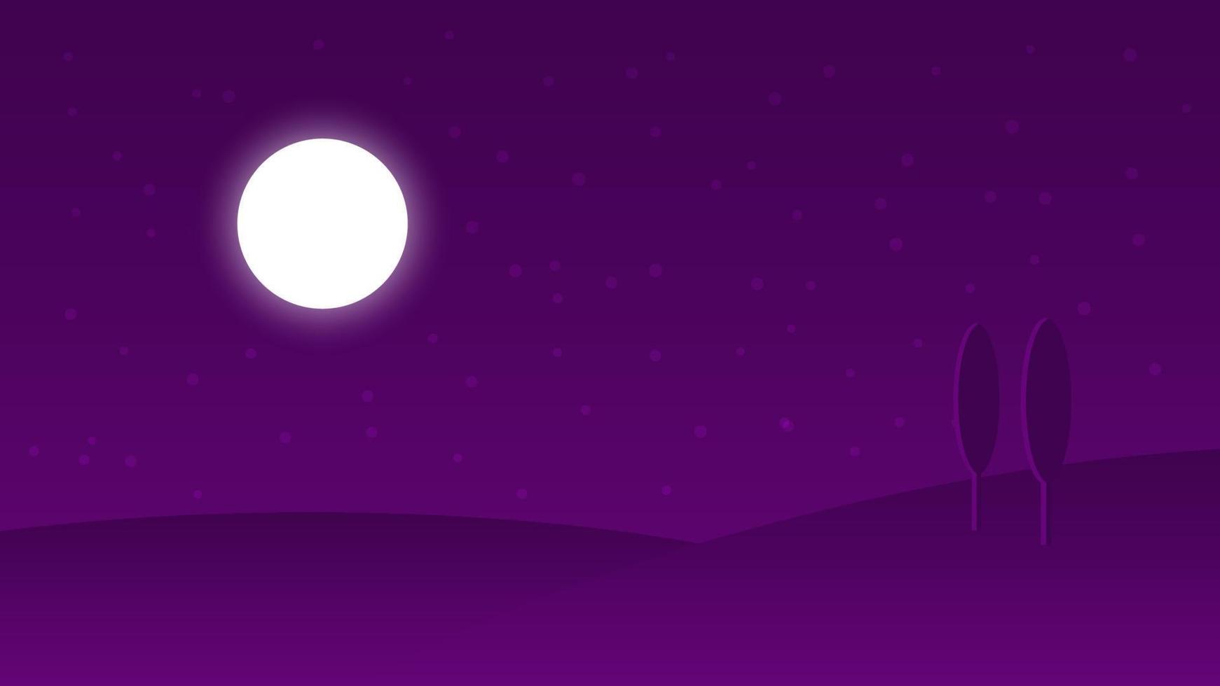 escena de dibujos animados de paisaje nocturno. colina oscura con luna llena y árbol en el cielo estrellado vector