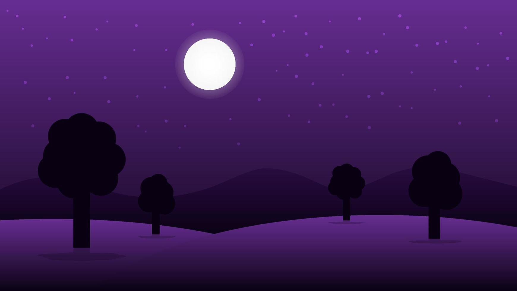 night landscape scene background. tree on hill in the dark with moon and starry sky vector