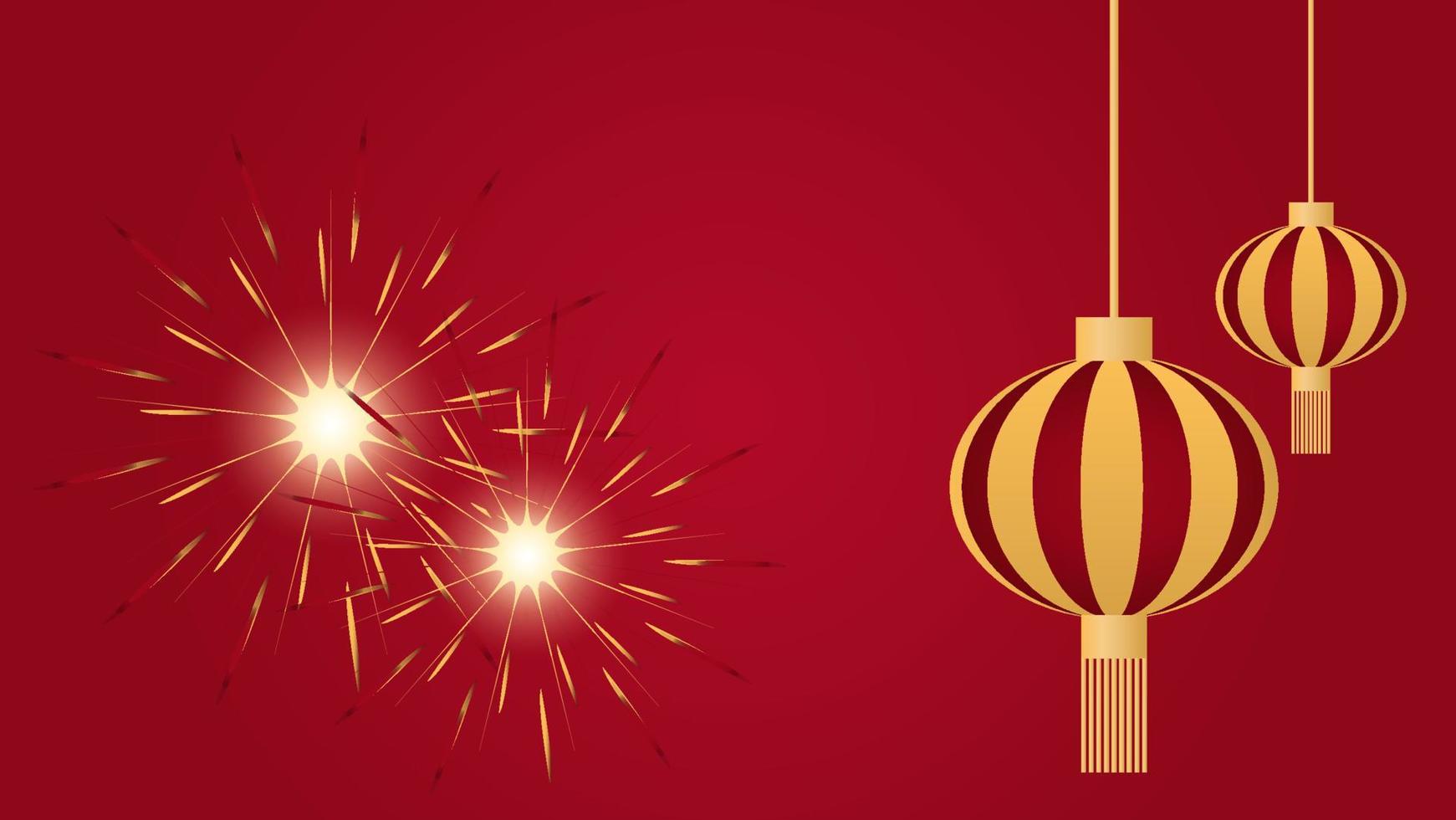 fireworks and golden lanterns on red gradient lighting background. lantern festival decorative website banner and greeting card concept vector