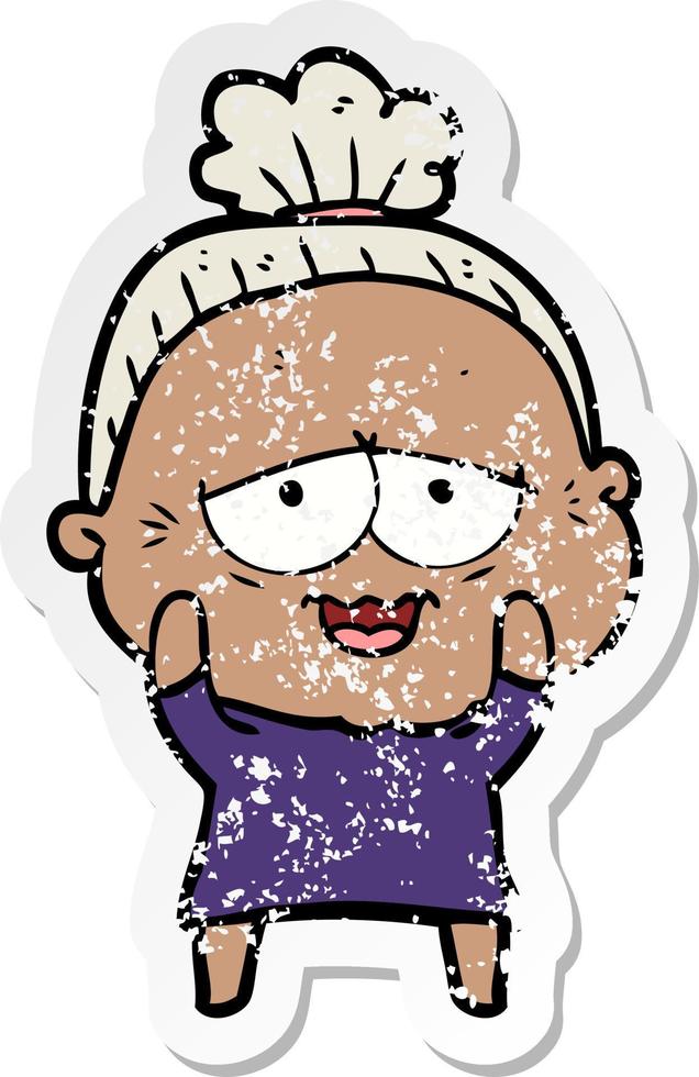 distressed sticker of a cartoon happy old lady vector