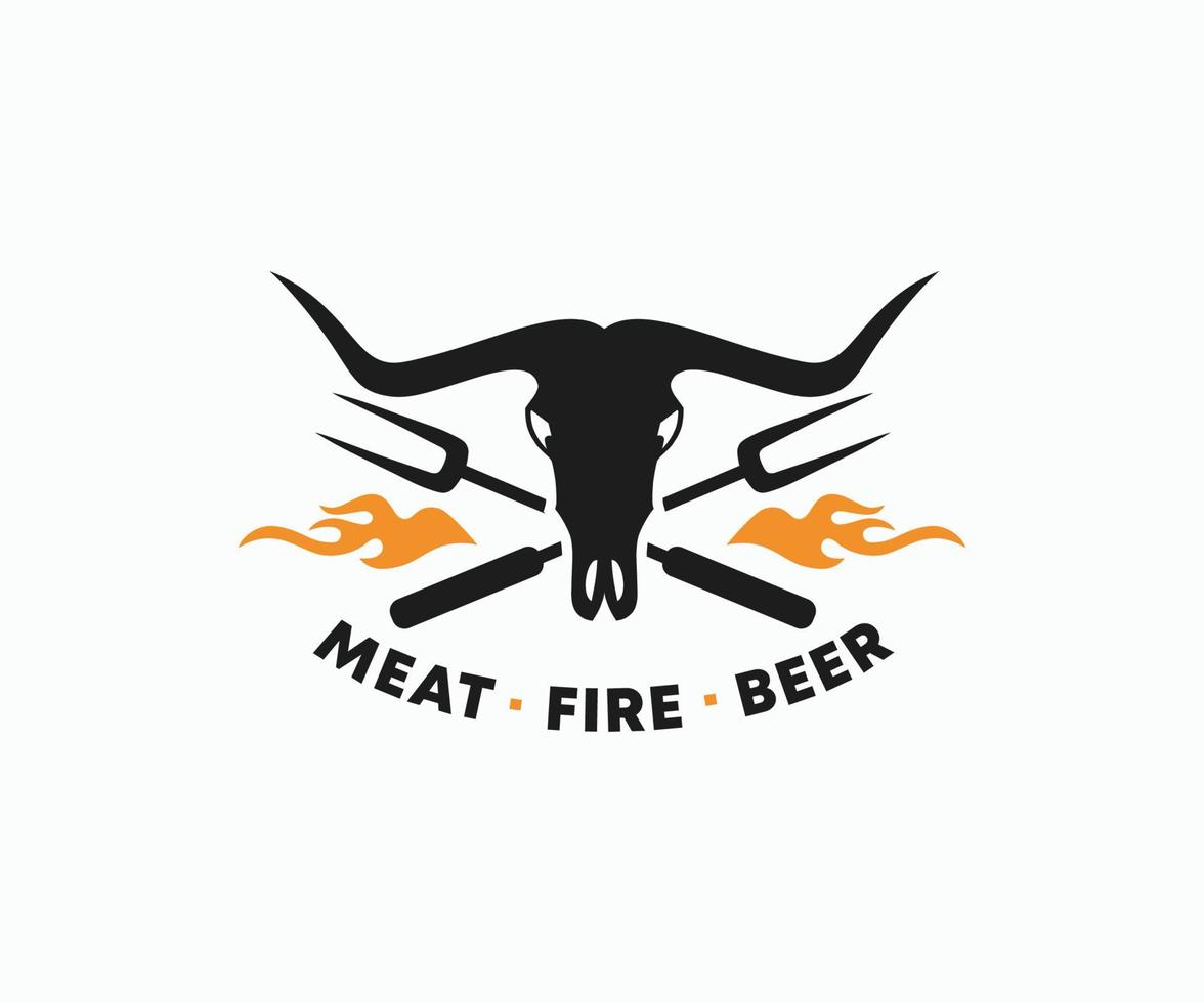 Bull Skull with Long Horn Logo. Skull Barbecue and Grill Logo Template. vector