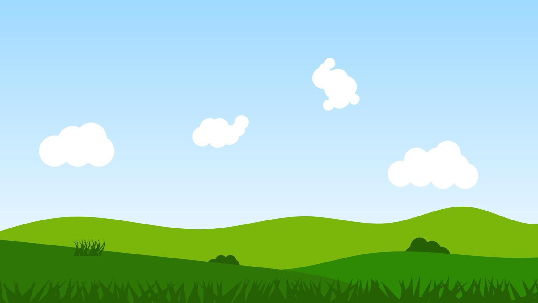 landscape cartoon scene with green trees on hills and white fluffy cloud in summer blue sky background vector