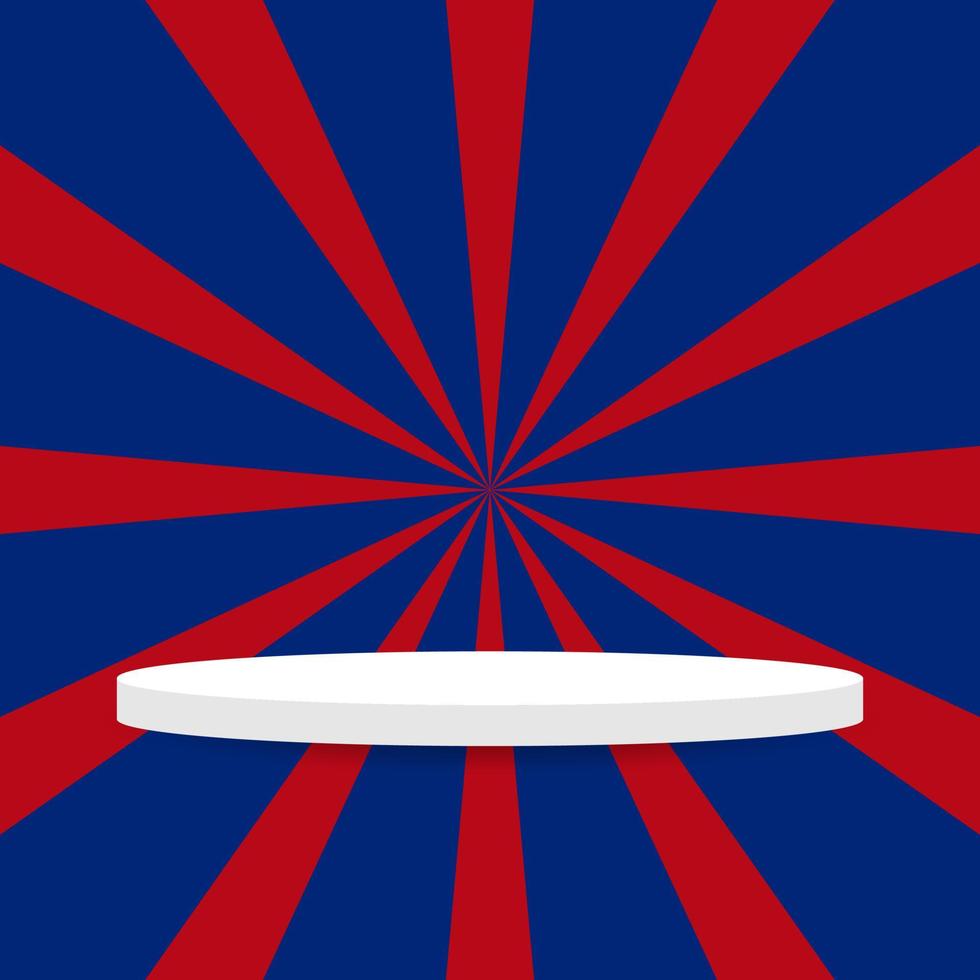 blank white round pedestal. circular podium on red and blue sunburst pattern background vector